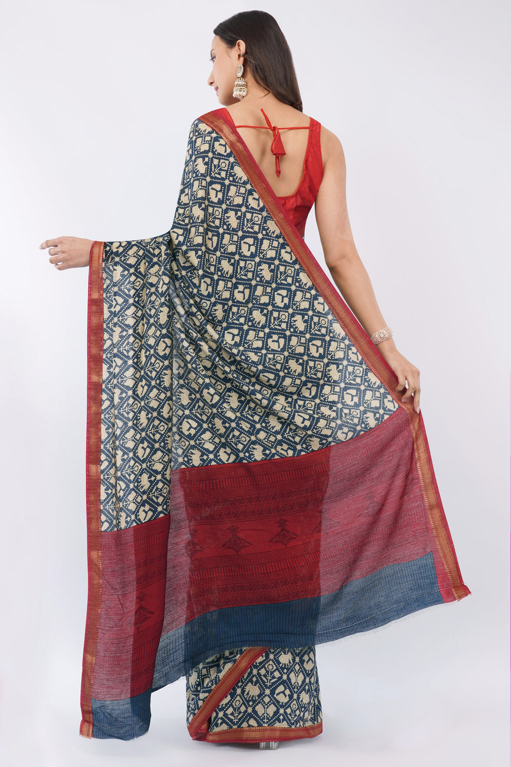 Exquisite Navy Blue Suvin Cotton Saree with Traditional Patola Prints & Maroon Border