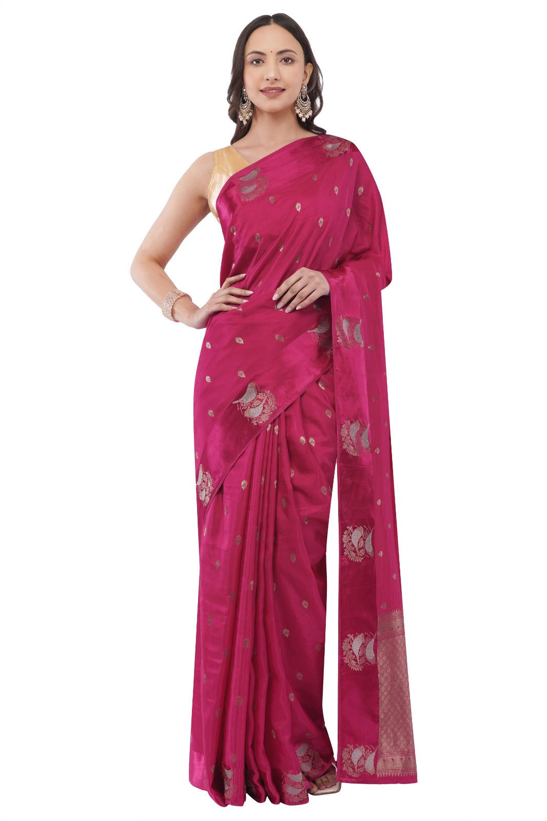 Elegant Rani Pink Silk Saree with Zari Motifs