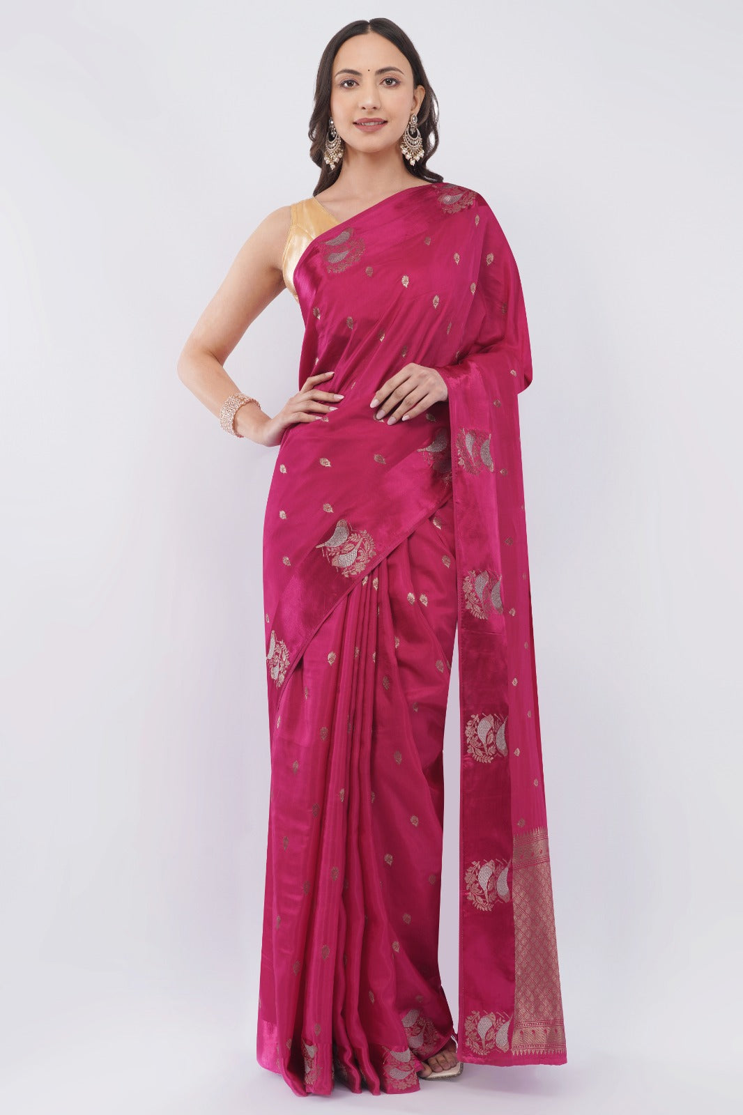 Elegant Rani Pink Silk Saree with Zari Motifs