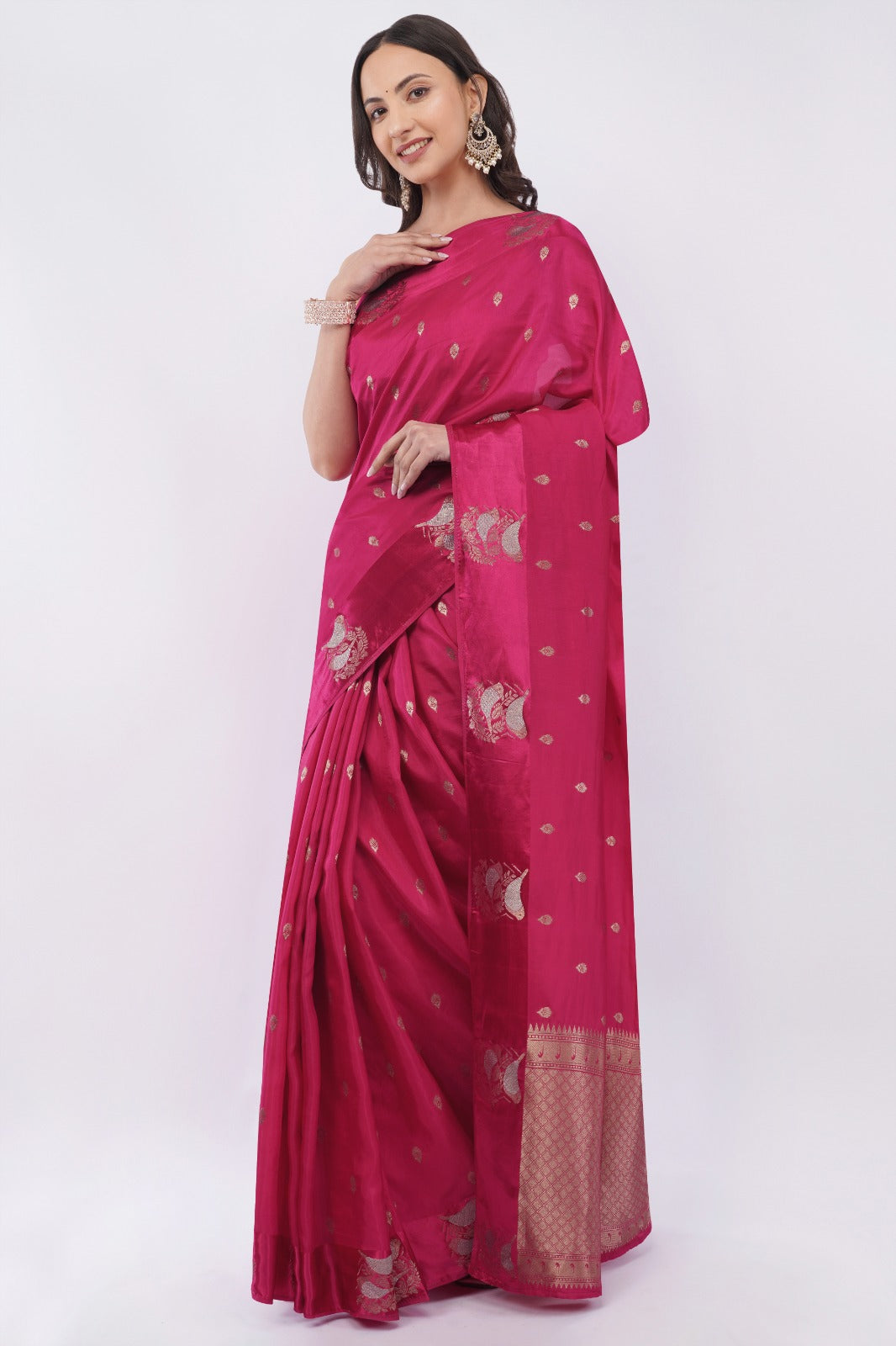 Elegant Rani Pink Silk Saree with Zari Motifs