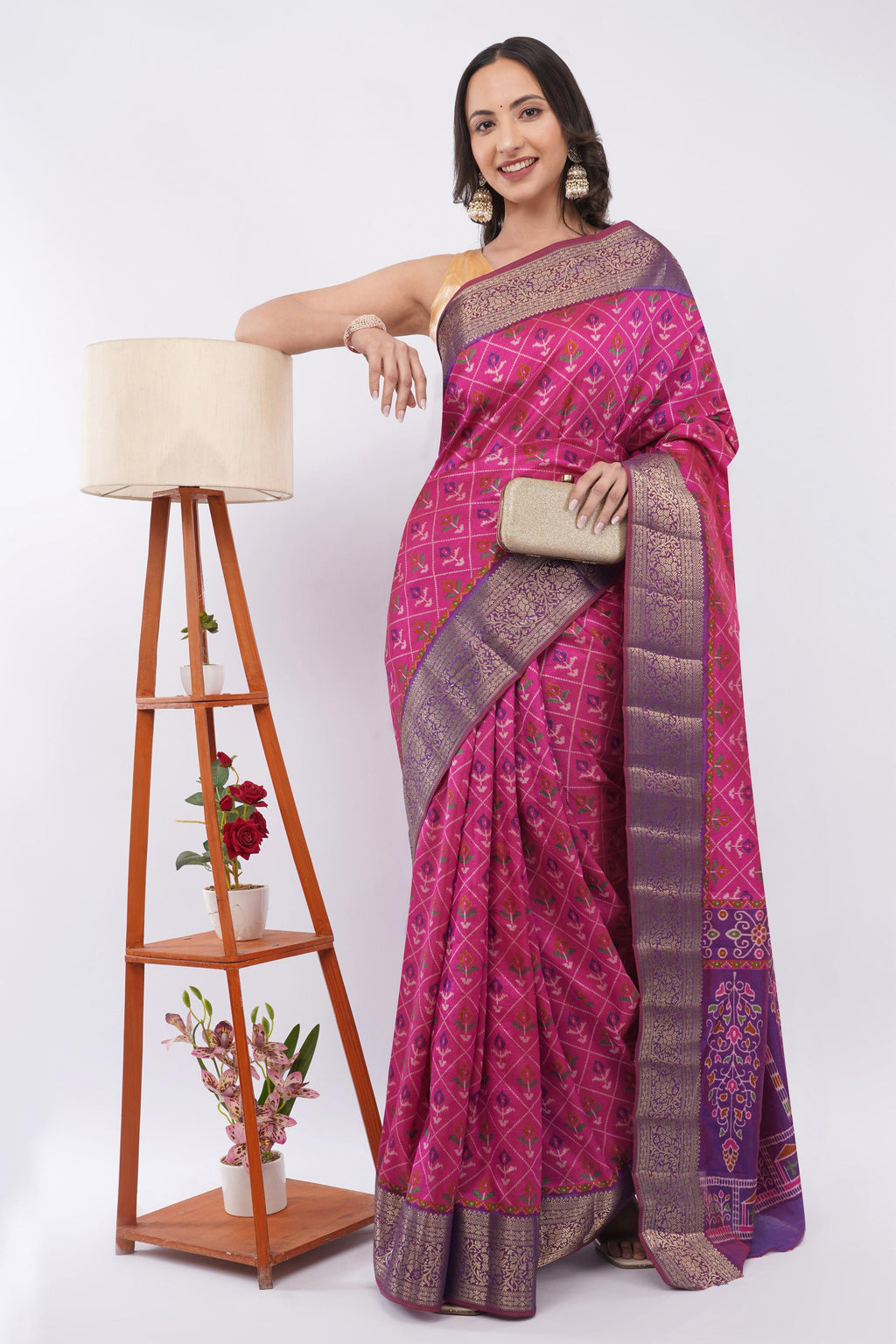 Exquisite Magenta Pink Patola Silk Saree with Contrast Purple Zari Border | Woven Geometric Floral Motifs for Wedding & Festive Wear