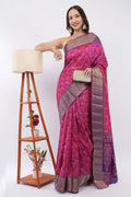 Exquisite Magenta Pink Patola Silk Saree with Contrast Purple Zari Border | Woven Geometric Floral Motifs for Wedding & Festive Wear