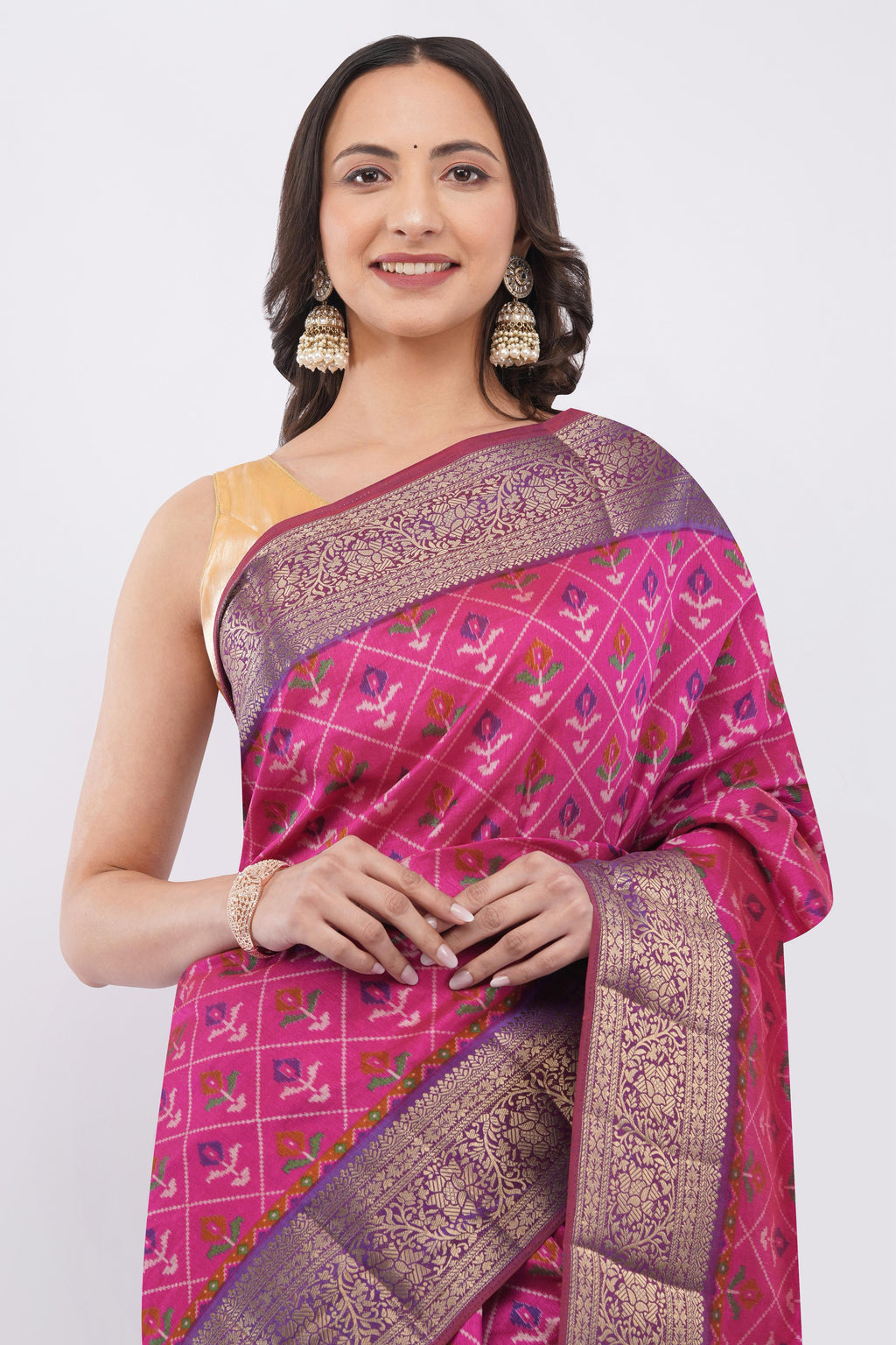 Exquisite Magenta Pink Patola Silk Saree with Contrast Purple Zari Border | Woven Geometric Floral Motifs for Wedding & Festive Wear