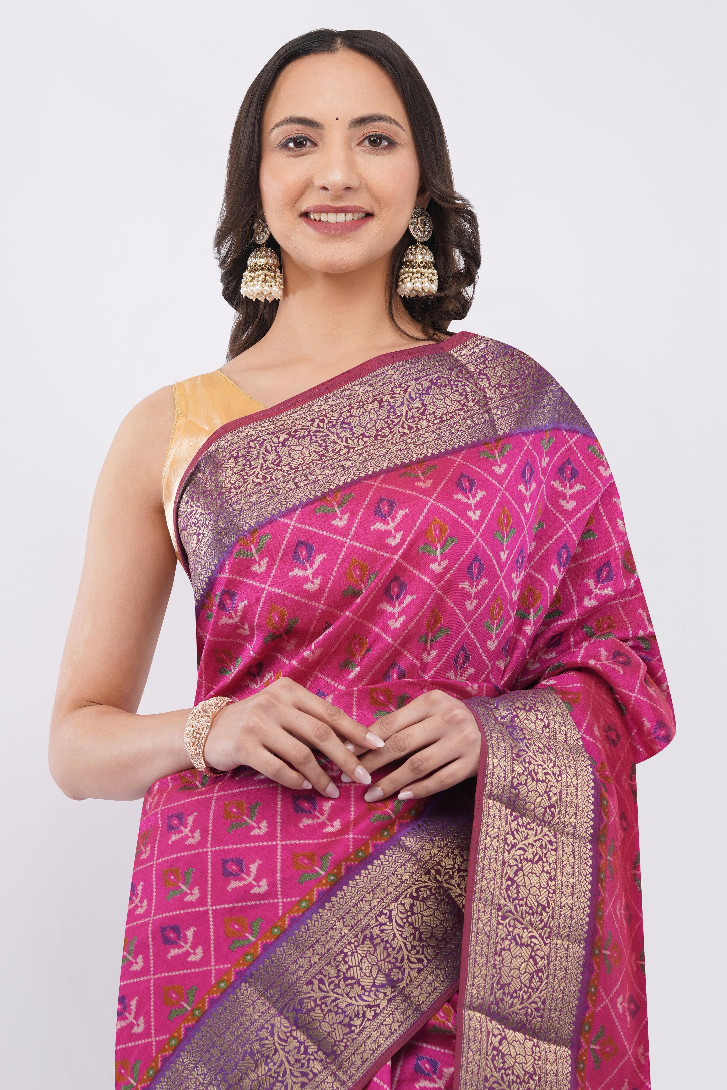 Exquisite Magenta Pink Patola Silk Saree with Contrast Purple Zari Border | Woven Geometric Floral Motifs for Wedding & Festive Wear