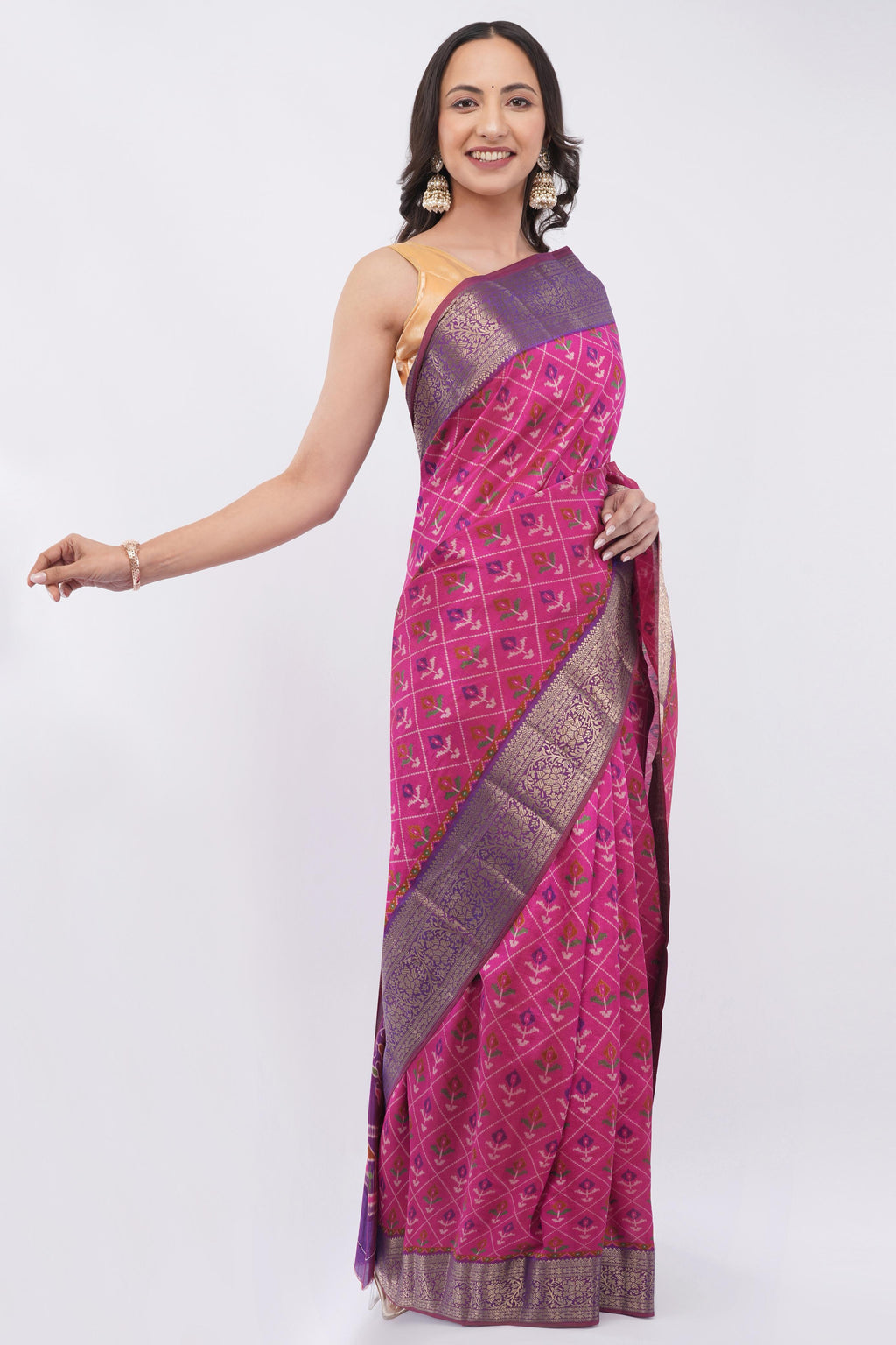 Exquisite Magenta Pink Patola Silk Saree with Contrast Purple Zari Border | Woven Geometric Floral Motifs for Wedding & Festive Wear