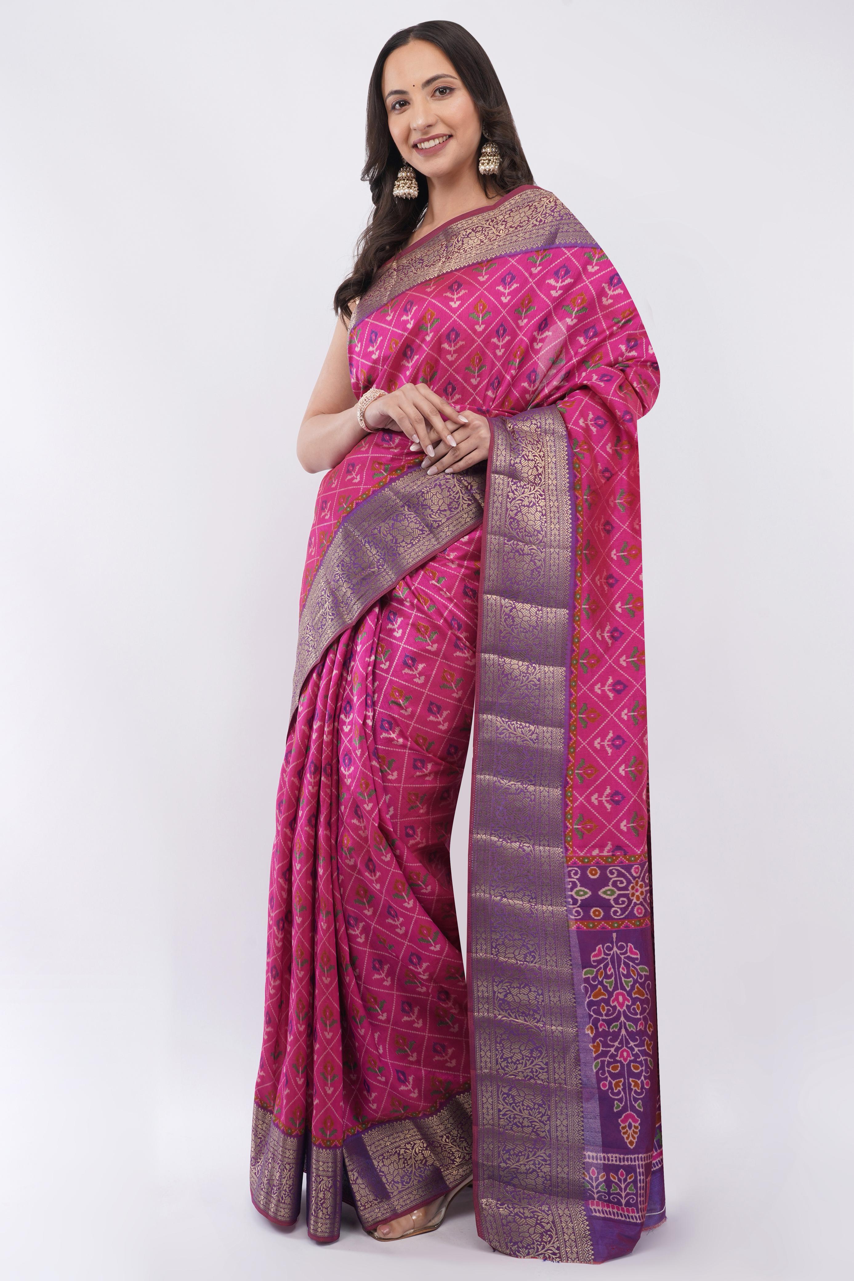 Exquisite Magenta Pink Patola Silk Saree with Contrast Purple Zari Border | Woven Geometric Floral Motifs for Wedding & Festive Wear
