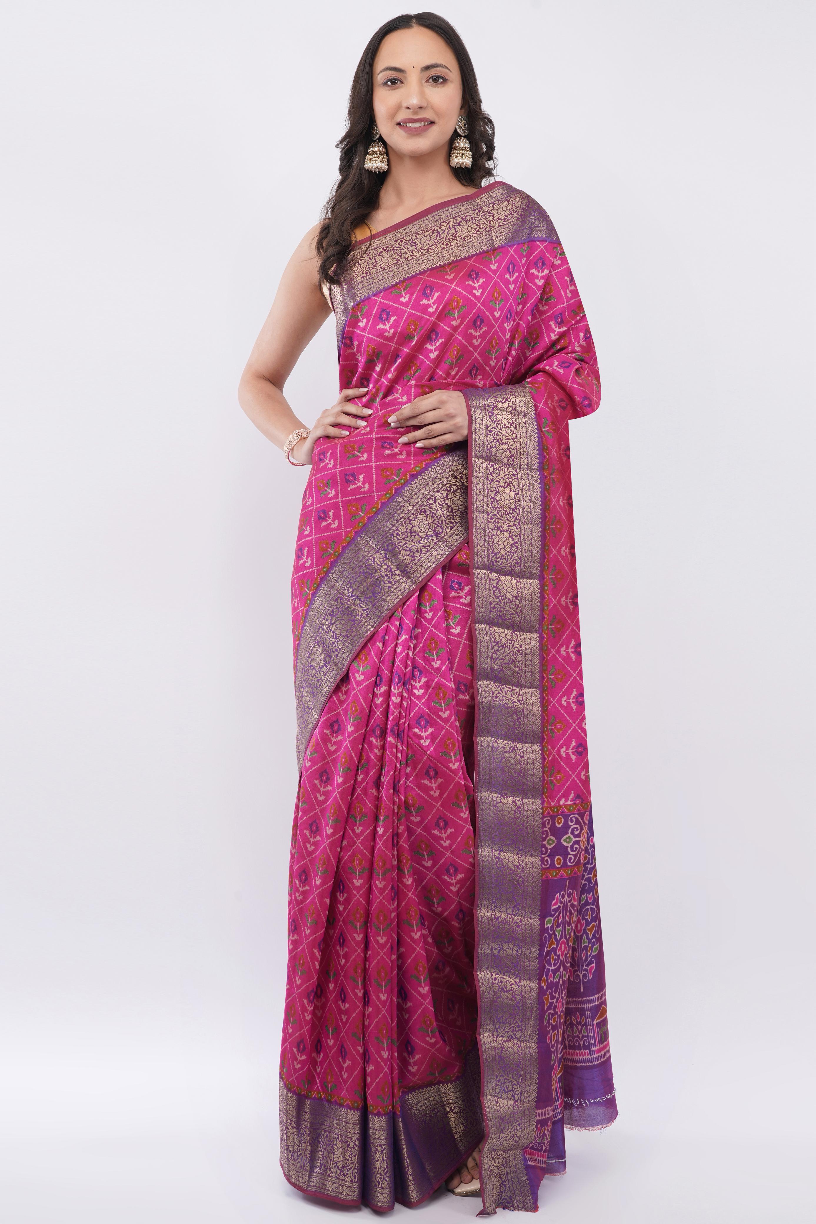 Exquisite Magenta Pink Patola Silk Saree with Contrast Purple Zari Border | Woven Geometric Floral Motifs for Wedding & Festive Wear