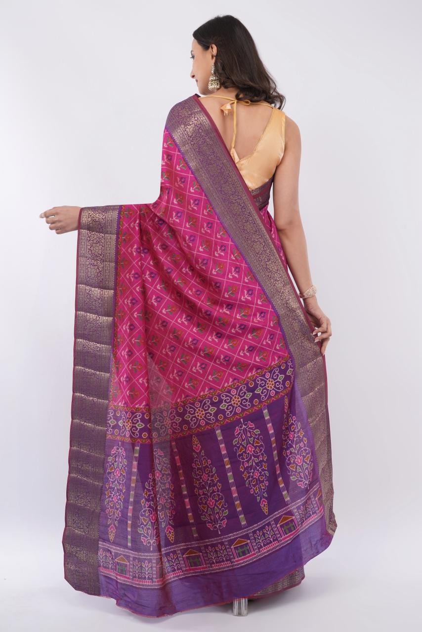 Exquisite Magenta Pink Patola Silk Saree with Contrast Purple Zari Border | Woven Geometric Floral Motifs for Wedding & Festive Wear